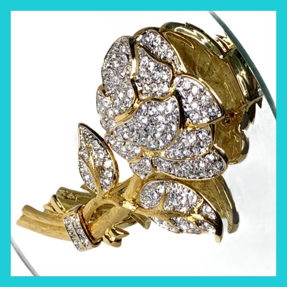 Vintage Oversized Gilded Crystal Pavé Rose Brooch by Nolan Miller, 1990s - Picture 7 of 11
